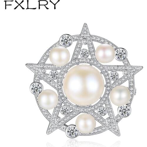 FXLRY New Romantic Fashion Women AAA Cubic Zircon Five-pointed Star Style Round Flowers Pins Simulated Pearls Brooches Sweater