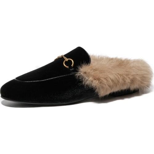 Kmeioo Women flock Real Leather Velvet Backless Slipper Mule Slide Princetown Shoes Slip On Metal Buckle rabbit fur Plus Size