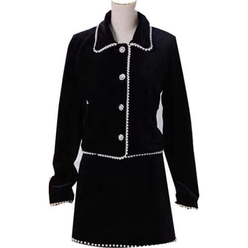 PERHAPS U Women Set Velvet Jacket Mini Skirt Solid Two Pieces Turn Down Collar Beading Pearl Two Pieces Set T0116