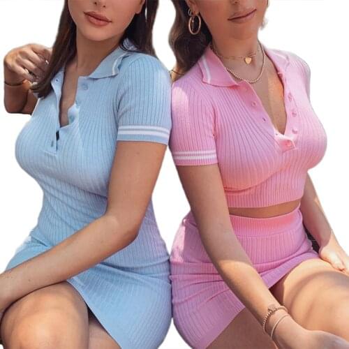 Fashion Sexy Knitted 2 Piece Set Tracksuit Women Short Sleeve Crop Top+Bodycon Mini Skirt Casual Tennis Sport Outfit Streetwear
