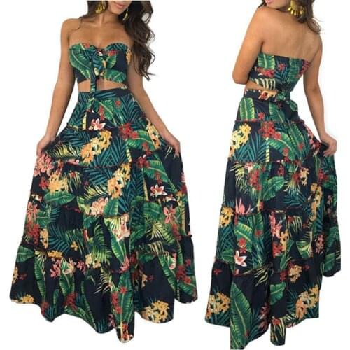 Women print ruffles crop top women tops long skirt 2 piece set for female women summer beach two pieces sets skirts women sets