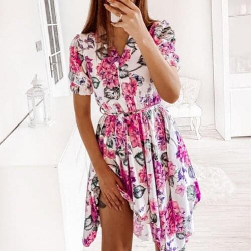 Fashion V-neck Short Sleeve Floral Print Dress Women 2021 Summer Irregular Casual Boho Ladies Dresses For Woman Robe Femme