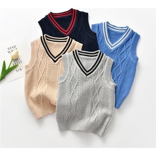 2020 Fashion Autumn Children Vest V-neck Sleeveless Knitted Tops Sweater Preppy Style Waistcoat Jacket for Toddler Kids Boys
