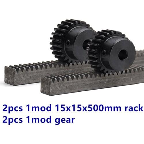 2pcs/lot 1Mod 1 Modulus Gear Rack steel 15*15*500mm + 2pcs 1M 17teeth 15teeth pinion 45 steel gear metal gear