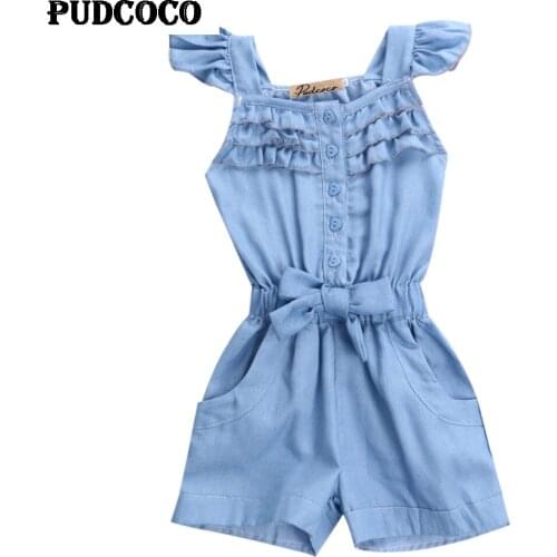 2017 Toddler Kids Girls Cotton Soft Washed Jeans Denim Casual Bow Jumpsuit NEW Summer Girls Sleeveless Overall Buttons Placket