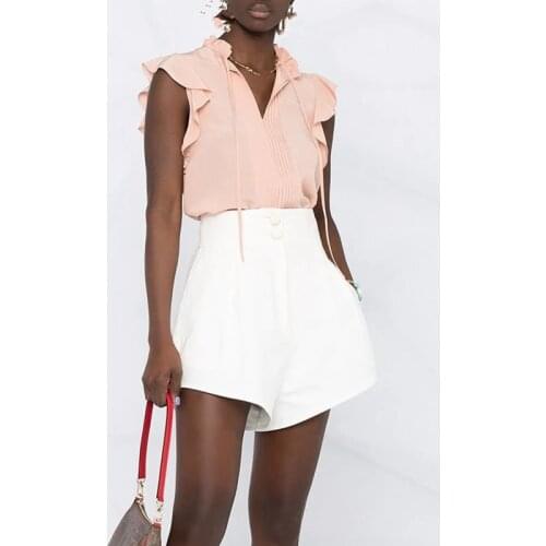 2021 Summer Sweet Bloses Lace Up Bow Pleated Flying Sleeve Solid Pink Ladies Shirt Tops New Arrival