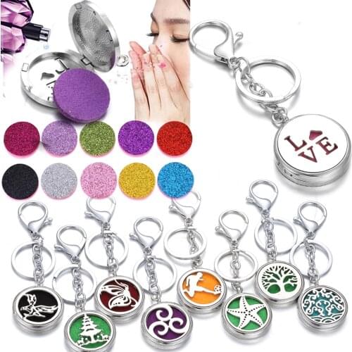 Aromatherapy Jewelry Keychain 34MM Stainless Steel Perfume Essential Oil Diffuser Locket Keyrings Love Tree Key Chain Jewelry