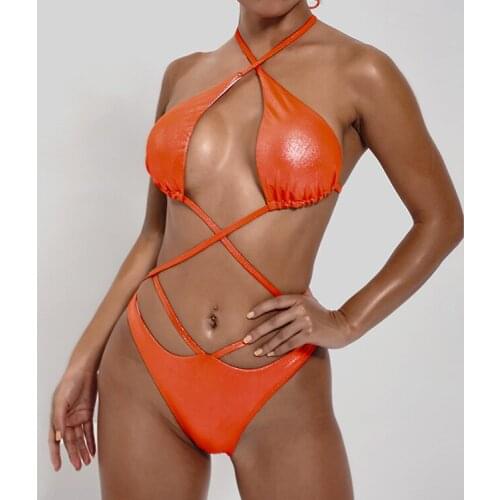 Shiny PU Sexy Tummy Out Swim Wear Bandage Crisscross One Piece Swimsuit Women Swimwear Female Bather Halter Neck Bathing Suit