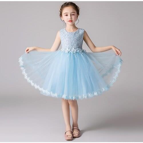 Princess Kids Girls Sleeveless Floral Lace Dress Faux Pearl Decoration Flower Girls Dress Pageant Wedding Birthday Party Dress