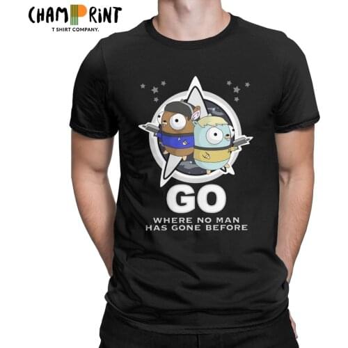 Golang Go Where No Man T-Shirts for Men Programmer Vintage 100% Cotton Tees Round Neck Short Sleeve T Shirt Plus Size Clothes