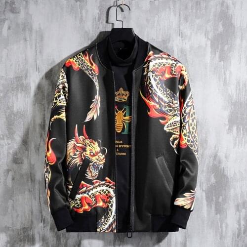 Negras Hombre Chaquetas Streetwear Bomber Jacket Autumn Big Size Dragon Print Vintage Jacket Coat Mens Jackets Jaqueta Masculina