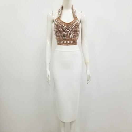 Summer Women 2 Piece Set Beading Sexy Halter Sleeveless Crop Top And Skirt 2021 Ladies Elegant Casual Slim Vintage Skirt Outfit