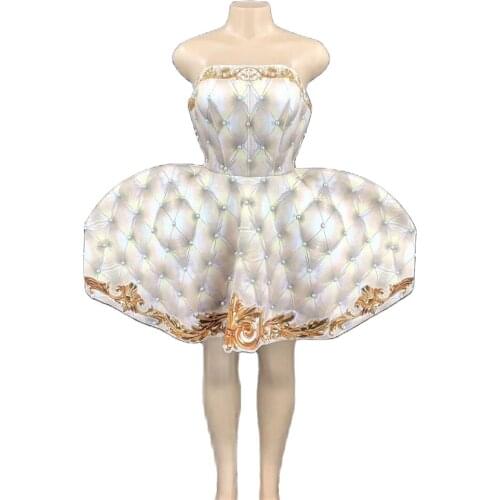 Cute Party Sexy Ball Gown Mini Dresses Women Strapless Birthday Celebrate White Pearl Dress Performance Stage Wear