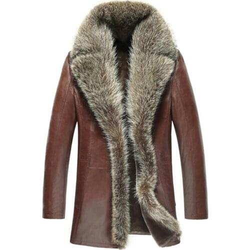 Mens Shearling Coat Raccoon Fur Collar Sheepskin Leather Outerwear Men Luxury Genuine Leather Jacket Long Coats TJ51