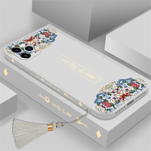 Soft Phone Case for iPhone 11 Pro Liquid Silicone Anti-fall Shell Chinese Vintage Pattern Protective Sleeve with Tassel Decor