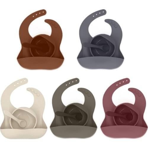 W3JF 3Pcs Baby Tableware Set Newborn Bibs+Dinner Plate+Spoon Set Waterproof Food Grade Silicone Feeding Saliva Towel Teething