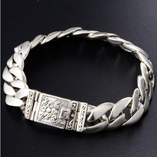 Real 925 solid silver retro minimalist stylish latch clasp totem mens Thai silver bracelet