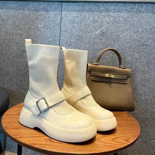 2021 New Cowhide Leather Martin Boots British Style Short Boots Women Spring And Autumn Thick-soled High Socks Boots