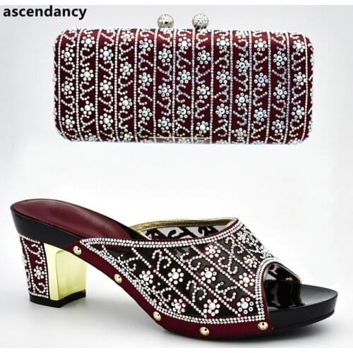 New Arrival Italian Shoes with Matching Bag Set Decorated with Rhinestone Nigerian Women Wedding Womens Shoes Heels Slip on Shoe