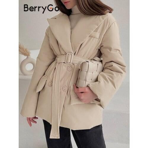 BerryGo Za sheath belt women winter parka solid Causal pocket long sleeve ladies coat Fashion office short top coat jackets 2021