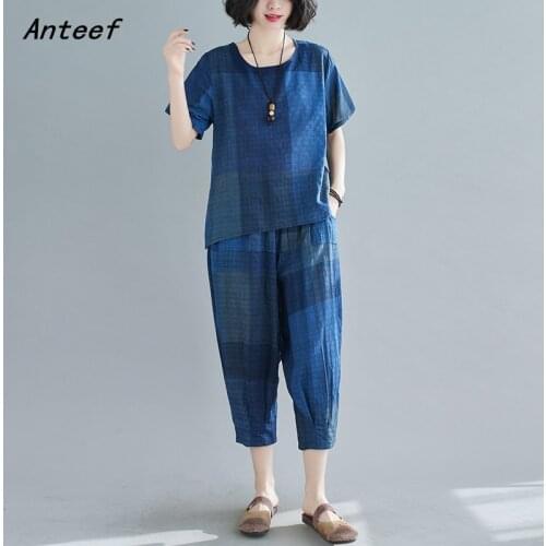 Cotton vintage summer casual 2 two piece set loose short sleeve tee t shirt women t-shirt ladies tshirt 2021 tops Harem pants