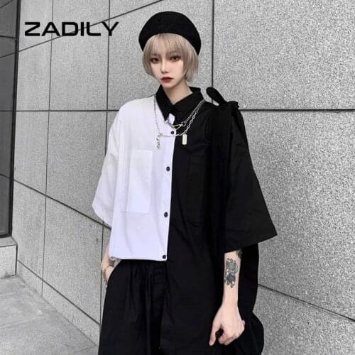ZADILY Street Style Oversize Women Shirt Gothic Black White Patackwork Short Sleve Ladies Blouse 2021 Summer Button Up Clothing