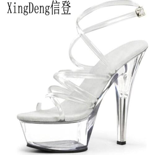 XingDeng Ladies Nightclub Ultra High Heel Size 18 cm High Heels Sandals Size 34-40 Women Transparent Platform Cross Strap Shoes