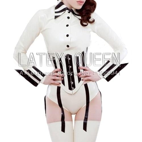 Women 's sexy latex sets blouse +corset+stockings + gloves +briefs