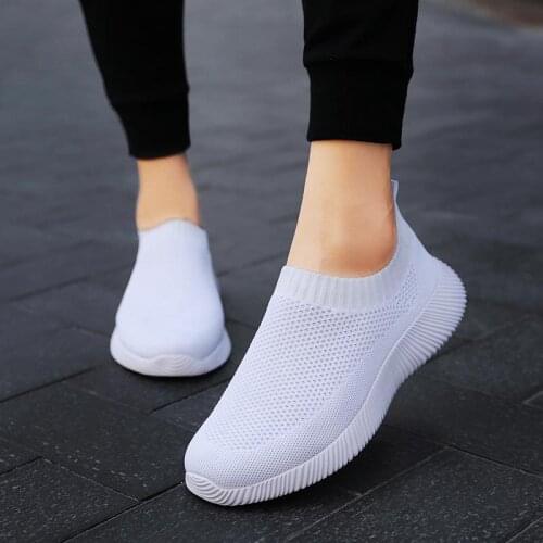 Plus Size Mesh Breathable Sock Sneakers Womens Running Shoes Womens Sports Shoes for Gym Women Sport Shoes White Knit GMB-2051