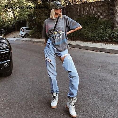 Casual Women Irregular Waist Straight Hole Jeans Vintage Loose High Waist Pants Streetwear Feminina Jeans Long Pantalon 2019