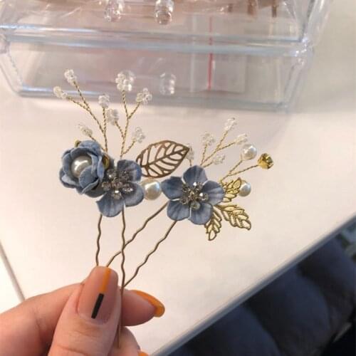 FORSEVEN Blue Flower Handmade Crystal Pearl Hair Combs Hairpins Hair Sticks Women Bride Noiva Wedding Hair Jewelry Headpieces