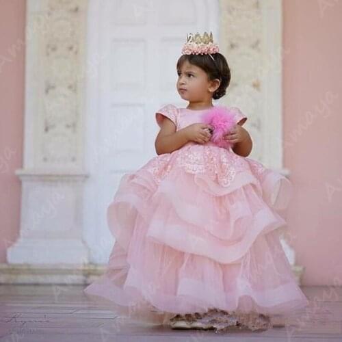 Amaya Pink Puffy Organza Flower Girl Birthday Dress Lace Tulle O Neck Princess Party Gown Toddler Kids Special Occasion