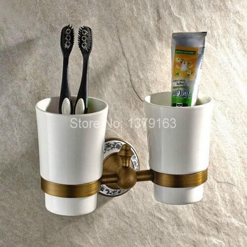 Antique Brass Ceramic Base Bathroom Accessory Bath Wall Mounted Bathroom Toothbrush Holder Set Dual Ceramic Cup aba408