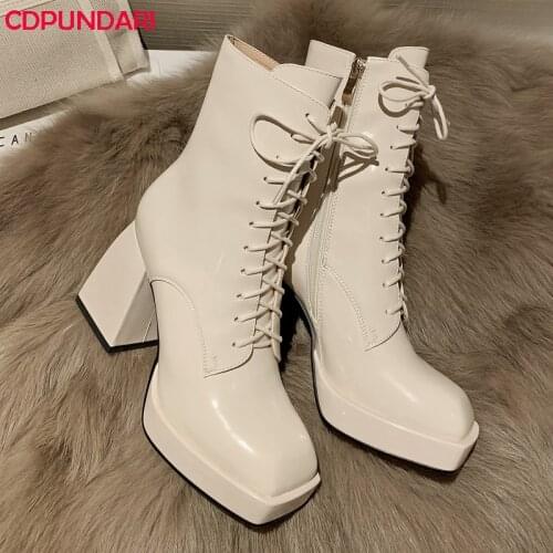 Black White Genuine Leather High Heels Ankle Boots Women Autumn Winter Platform Boots Shoe Bottes Plateforme Femme Botines Mujer