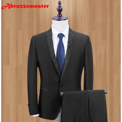 Brand Black Men Suits Jacquard Shawl Lapel Slim Fit Wedding Suits For Best Men One Button Smart Casual Men Tuxedos (jacket+Pant)