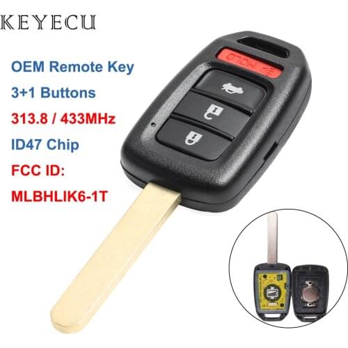 Keyecu OEM Remote Car Key Fob 3 Button 313.8mhz / 433MHz ID47 Chip for 2013 2014 2015 2016 Honda Accord Civic FCC ID:MLBHLIK6-1T
