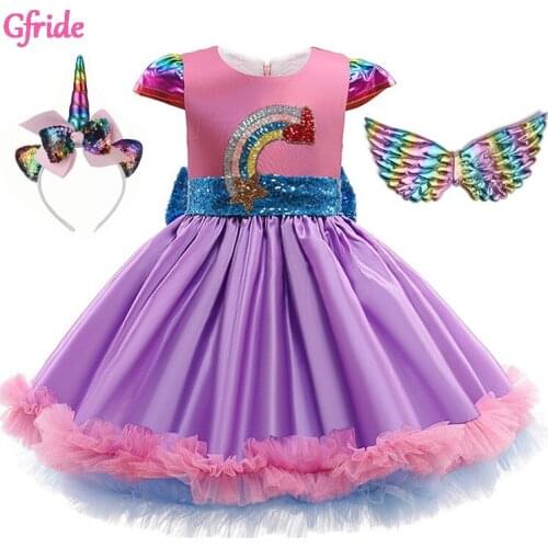 Kids Unicorn Dress For Girls Rainbow Ball Gown Little Girl Princess Cake Dresses Elegant Party Costumes Children Sequins Clothes