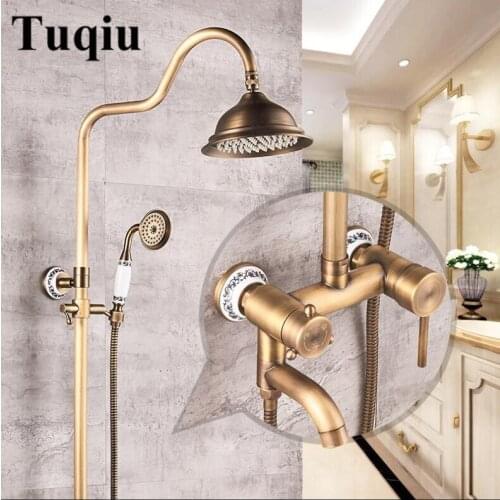 Europe style luxury bath and shower faucet brass antique bronze wall mounted shower faucet set with rainfall shower head
