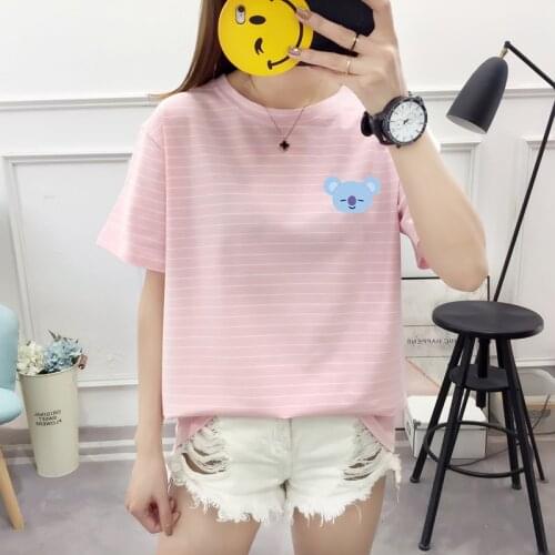 New Cartoon Heart Stripe Print T shirt Womens Tee Shirt Harajuku Korean Kawaii Cotton O-Neck All-match Students Kpop