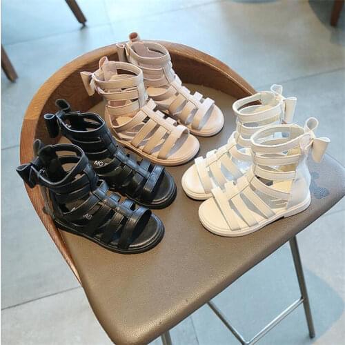 Hot Girls summer sandals Roman Open toe Sandals Girls classic bow Rear Zipper flat shoes Baby fashion High-top sandals 22-31