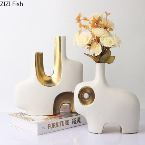 Creativity Shaped Vases Simplicity Gilded Ceramic Vase Living Room Decoration Ornaments Modern Porcelain Flower Arrangement