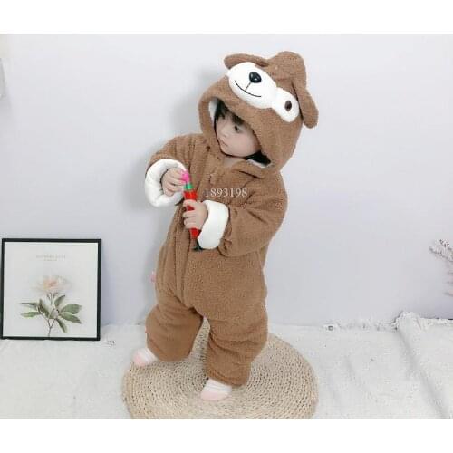 Baby Autumn Winter Warm Romper Suit Newborn Thickening Cartoon Bear Dinosaur Cute Jumpsuit Infants Hooded Rompers