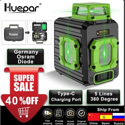 Huepar Cross Line Laser Level Green 360° Horizontal & Two Vertical Lines Self-Leveling Li-ion Battery Type-C Charging Port & Har