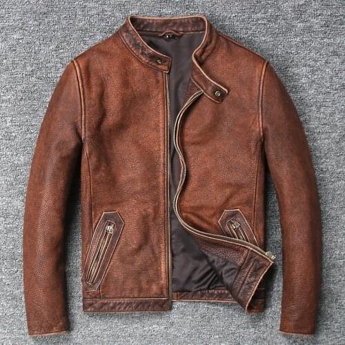 2018 mens vintage cow leather jacket stand collar wash do old leather coat men brown color simple style biker jacket for male