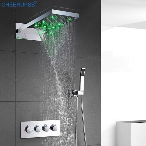 Thermostatic LED Light Shower Set Wall Concealed Mount Lamp Shower System Sky Rain Fall Bath Mixer Luxury Waterfall Bathtub Sets