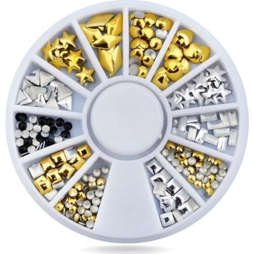 Gold Silver Nail Art Decoration Wheel Set Various Designs Metal Nail Studs Rhinestones DIY Nail Craft Accessories
