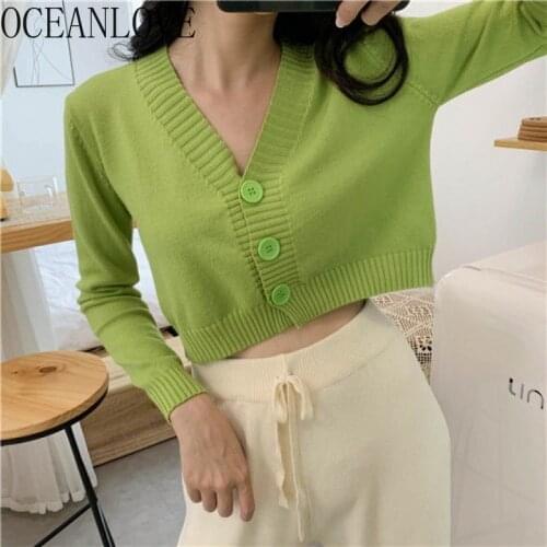 OCEANLOVE V Neck Cardigans Sweet Short 2021 Autumn Candy Colosr Solid Sweet Sweaters Women Tops Korean Loose Chaquetas