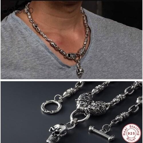 Lion necklace silver chain and skull pendant 100% 925 sterling silver colour necklace pendant for women and men fine jewelry Hot