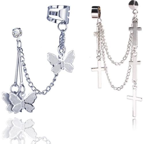 Silver Butterfly Cross Clip Earrings Pendant Double pierced Earring Ear hook Stainless Steel Ear Clips Earrings Jewelry Girls