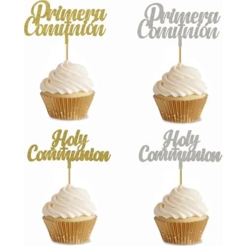 20pcs Gold Silver Spanish Primera Comunion English Holy Communion Cupcake Toppers For Kids First Holy Communion Party Decoration